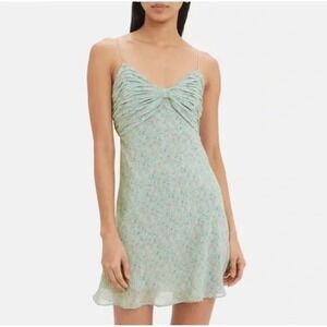 DIVINE HERITAGE Mini Dress LARGE Floral Printed Sage Slip Green Ruched Spaghetti